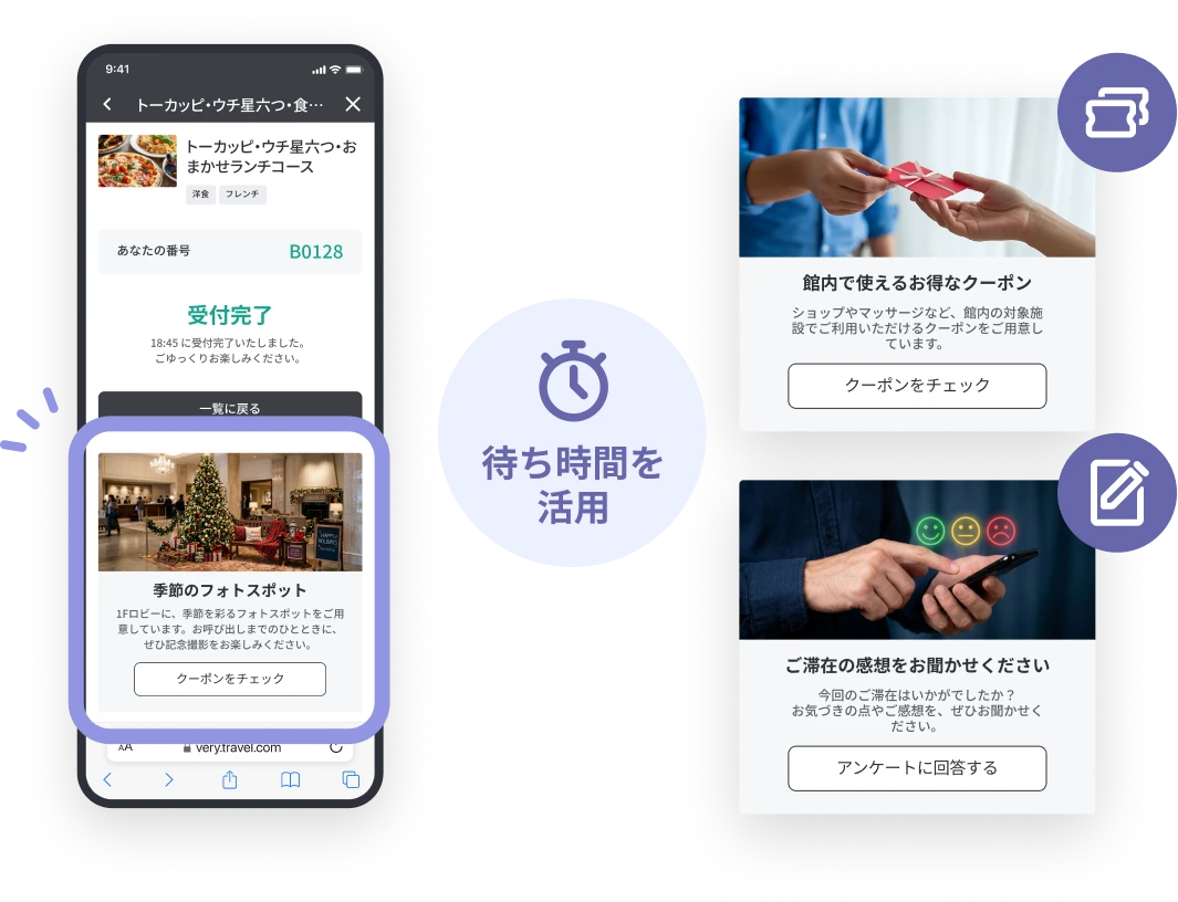 受付完了画面にクーポンやアンケートを掲載し、待ち時間を活用するイメージ